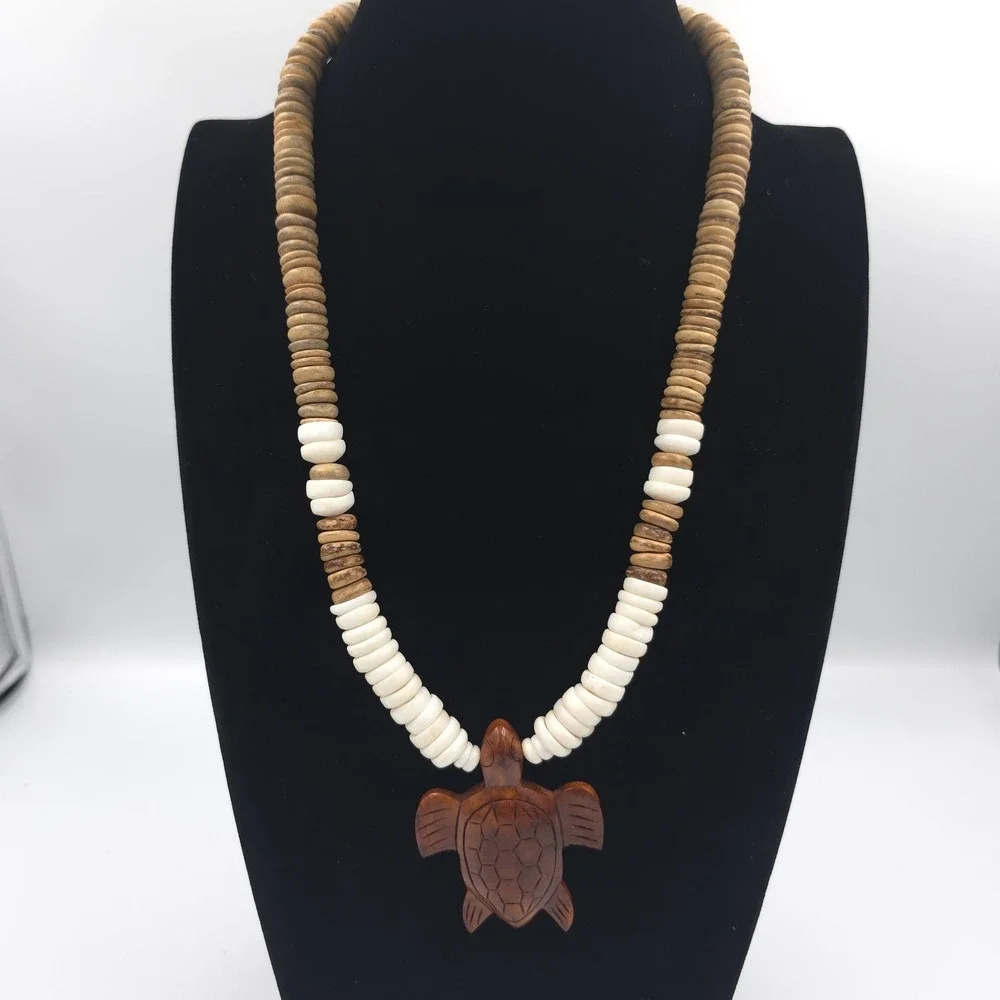 Puka Shell Necklace Hand Carved Wood Sea Turtle Pendant Brown White
